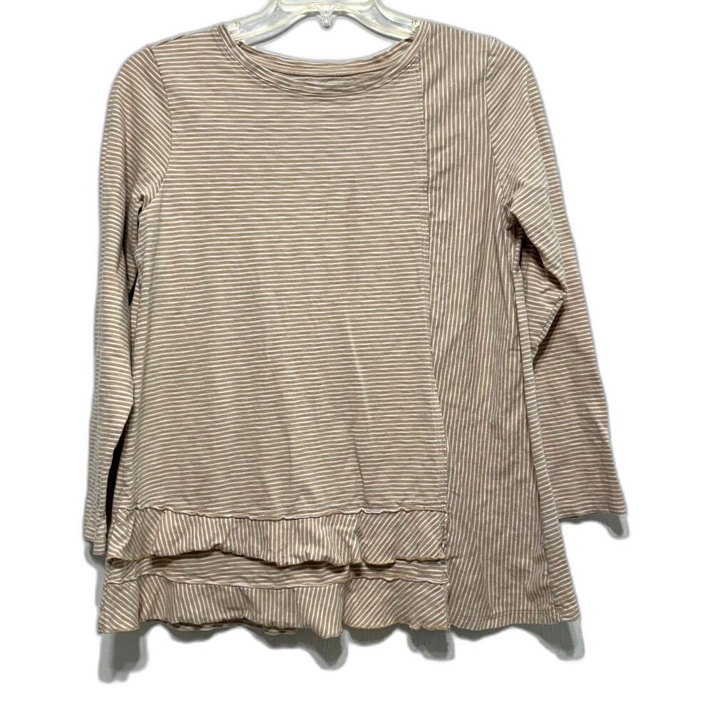 Soft Surroundings Top Women Large Cotton Long Sleeve Yellow Stripe Shirt Ruffle